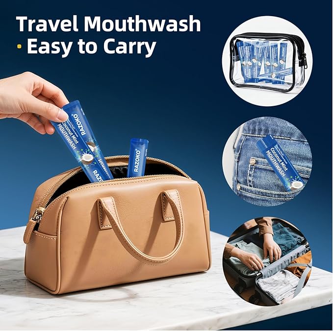 RAZOKO Mouthwash Travel Size-Portable Fresh Mint Packets,Alcohol & Fluoride Free Mouthwash,Disposable Oral Care Strips (0.41 Fl Oz (Pack of 30), Coconut)