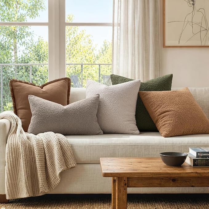 MIULEE Textured Boucle Lumbar Pillow Cover for Bed 12x20 Olive Green | Pack of 1 Textured Neutral Couch Throw Pillow Cover, Accent Solid Pillowcase, Sofa Living Room Home Decor