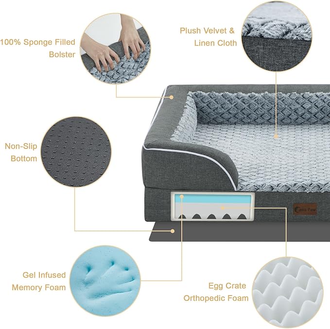 Orthopedic Dog Bed for Extra Large Dogs, 45x35in, Dark Grey | Orthopedic Foam Relieves Joint Pressure, Bolsters Supports Head And Neck, Washable Cover, Non-Slip Bottom