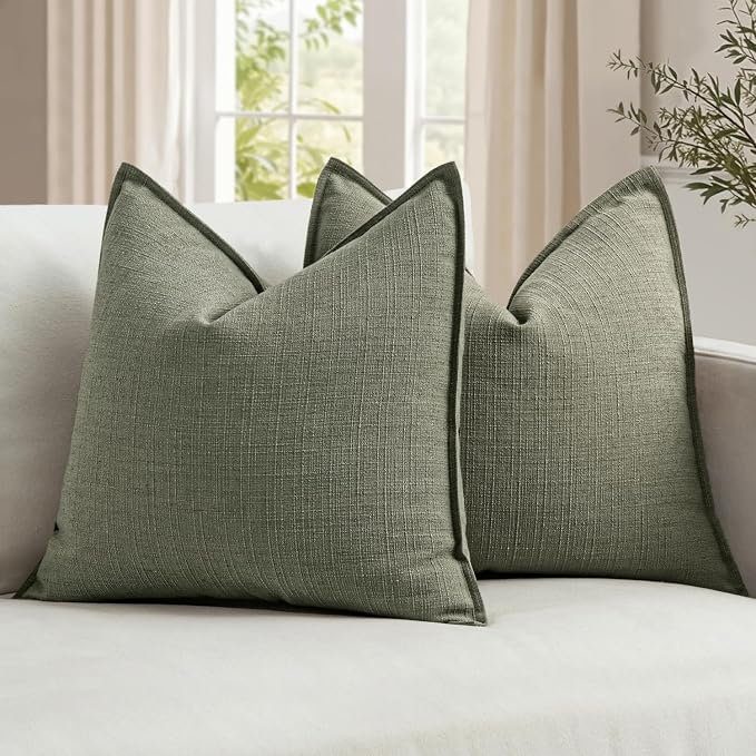 MIULEE Thick Textured Euro Sham Throw Pillow Covers 24x24 Inch Olive Green | Set of 2, Decorative Linen Blend Pillow Cover, Flange Edge Design, Farmhouse Modern Boho Style, Bed Couch Living Room Decor