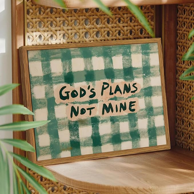 Framed God's Plans Not Mine Canvas Wall Art, Inspirational Faith Quote Pictures Wall Decor, Green Gingham Paintings Prints Christian Home Decor for Living Room Bedroom Dorm Office 16x24 inch