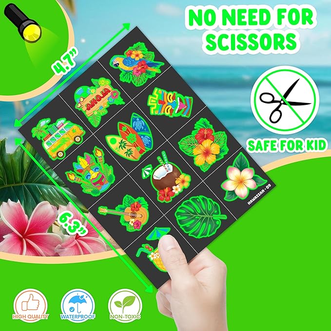 96 PCS Hawaiian Luau Pre-Cut Luminous Glow in the dark Temporary Tattoos for Kids | Super Cute Themed Birthday Party Favors, Supplies, Decorations, Summer Fake Tattoo Stickers Gifts for Boys Girls