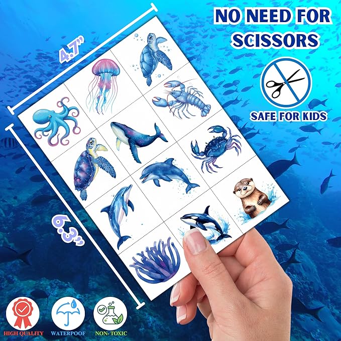 96 PCS Ocean Animals Pre–Cut Temporary Tattoos for Kids, Underwater Sea Creature Tattoos for Birthday Party Supplies Under The Sea Turtle Tattoo Stickers for Kids Boys Girls Party Bag Filler