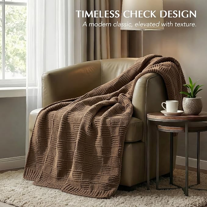 EVERGRACEHOME Modern Checkered Chenille Throw Blanket, 60x80, Camel Brown | Lightweight Warmth, All-Season Breathability, OEKO-TEX certified, Timeless Grid Pattern, Farmhouse Throw for Couch, Bed, Sofa