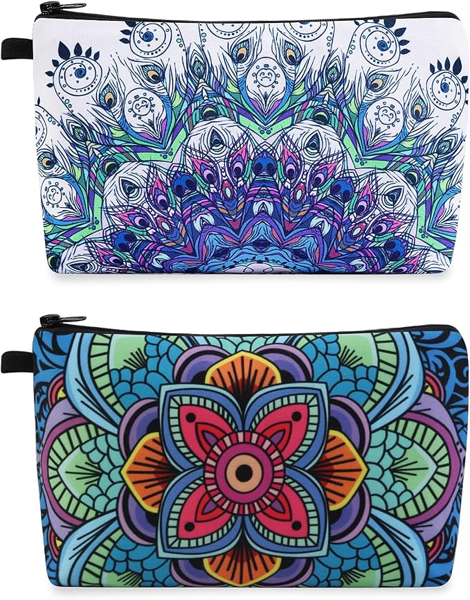 MAGEFY Makeup Bag, 2 Styles Travel Cosmetic Bag for Women Cosmetic pouch Elegant Blue Patterns Zipper Pouch Waterproof Makeup Pouch Cute (2 Packs, Peacock feather + Mandala pattern 0179)