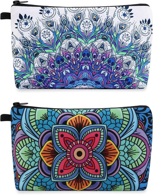 MAGEFY Makeup Bag, 2 Styles Travel Cosmetic Bag for Women Cosmetic pouch Elegant Blue Patterns Zipper Pouch Waterproof Makeup Pouch Cute (2 Packs, Peacock feather + Mandala pattern 0179)