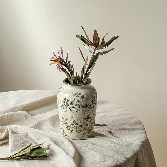 Ceramic Flower Vase for Home Decor, Green Vintage Decorative Vase 8 Inch | Rustic Farmhouse Floral Vase for Living Room, Bookshelf, Coffee Table, Kitchen, Mantel, Entryway, Wedding Centerpiece