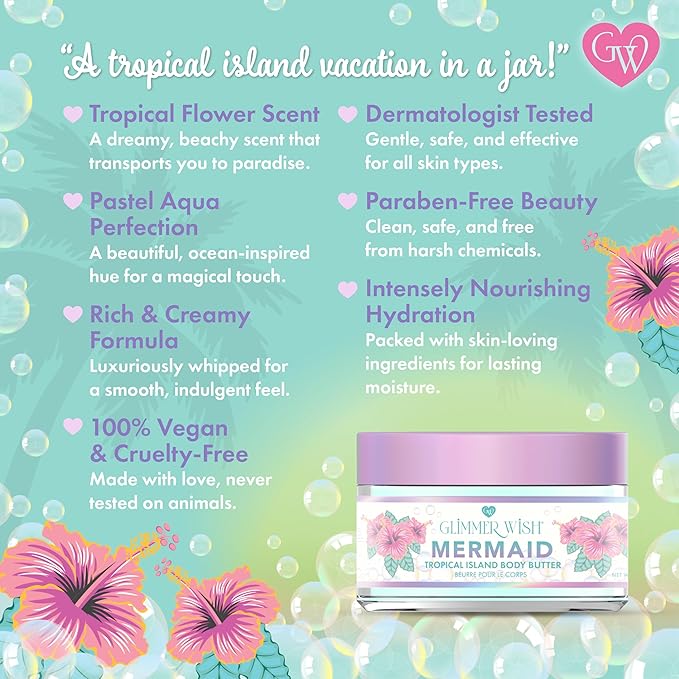 Glimmer Wish Whipped Body Butter for Women with Dry Skin – Shea & Coconut Moisturizer, Nourishing Body Cream for Women, Hydrating Lotion for Smooth, Soft Skin (Mermaid Tropical Island)