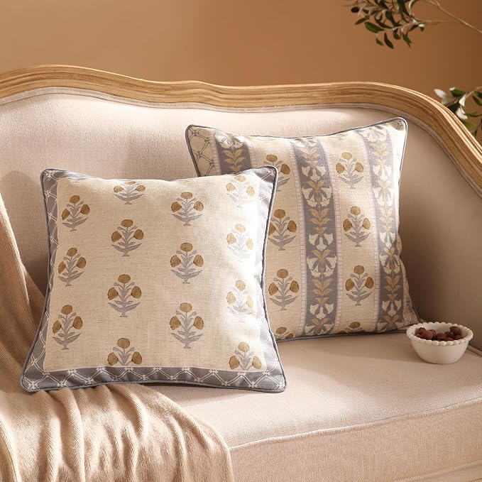 patdrea French Vintage Linen Throw Pillow Cover,18"x18",Set of 2-Istana A | Decorative Pillow Case with Zipper,Brown Floral Pattern,Pillow Cover for Couch Living Room Bedroom Sofa