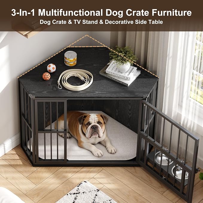Corner Dog Crate Furniture for Small Dogs, Indoor Kennel End Table, Black
