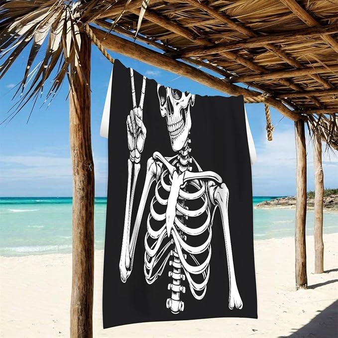 ALAZA Skeleton Yes Gesture Beach Towel, Absorbent Quick Dry Swimming Yoga Beach Towels, Large Sand Free Microfiber Beach Towel for Women, Men, Kids