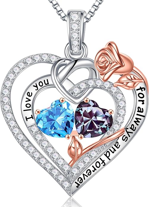 Iefil Valentines Day Gifts for Her Wife - 925 Sterling Silver Double Birthstone Necklace, Anniversary Birthday Gifts for Women, Jewelry Gift for Wife Girlfriend Mom Her