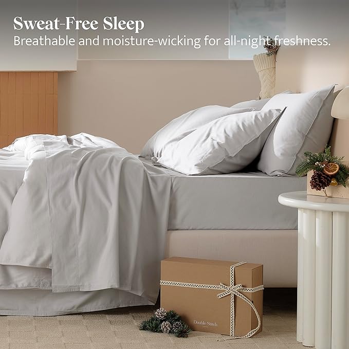 Double Stitch Cotton Tencel Sheet - Bed Sheets Set King Size, 4Pc Luxury Hotel Bedding Set, Soft, Cooling & Breathable for Hot Sleepers, Deep Pocket Up to 16 Inches, Winter Sky