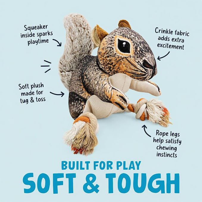Tough Squeaky Dog Toys for Aggressive chewers Interactive to Keep Them Busy, Durable Funny Cute Tug of war Rope Birthday Dogs Toy for Small Medium Large (Squirrel)