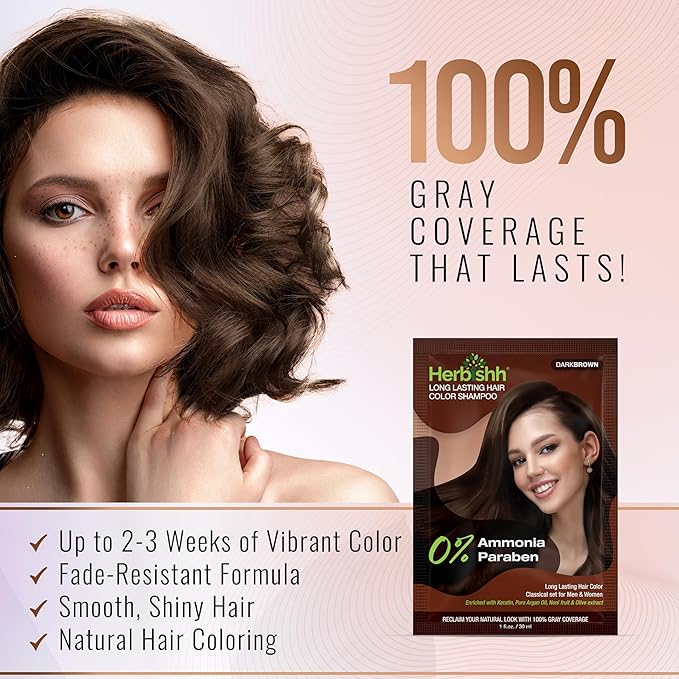 Herbishh Hair Color Shampoo for Gray Hair – Natural Ammonia-Free Hair Dye with Argan Hair Mask – Long Lasting Dark Brown Coverage – Easy to Use Travel Pack – 20 Color Shampoo Pouches + 10 Hair Masks