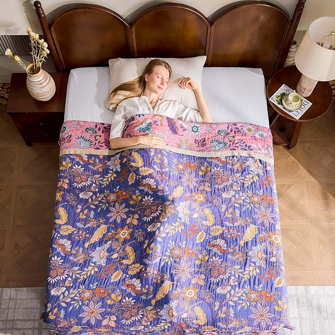 XIBLC Boho Blanket, 100% Cotton Farmhouse Decorative Throw Blanket, 90"x98" Reversible Bohemian Throw Blanket, Purple All Season Muslin Breathable Woven Blankets Quilt