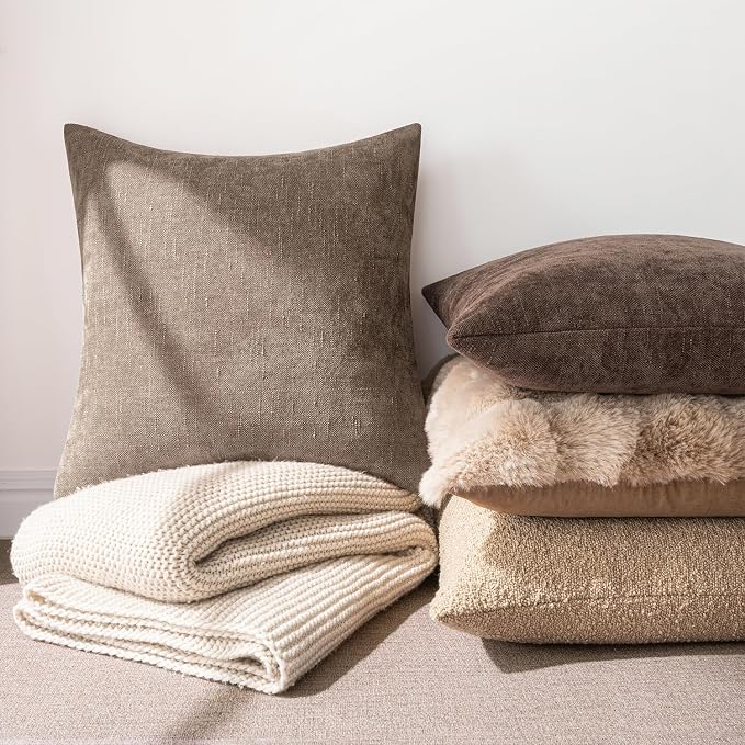 MIULEE Textured Chenille Throw Pillow Covers 20x20 Inch Taupe Grey | Pack of 2 Decorative Soft Throw Pillows, Solid Textured Cushion Covers, Modern Home Decor for Couch Sofa Bedroom Living Room