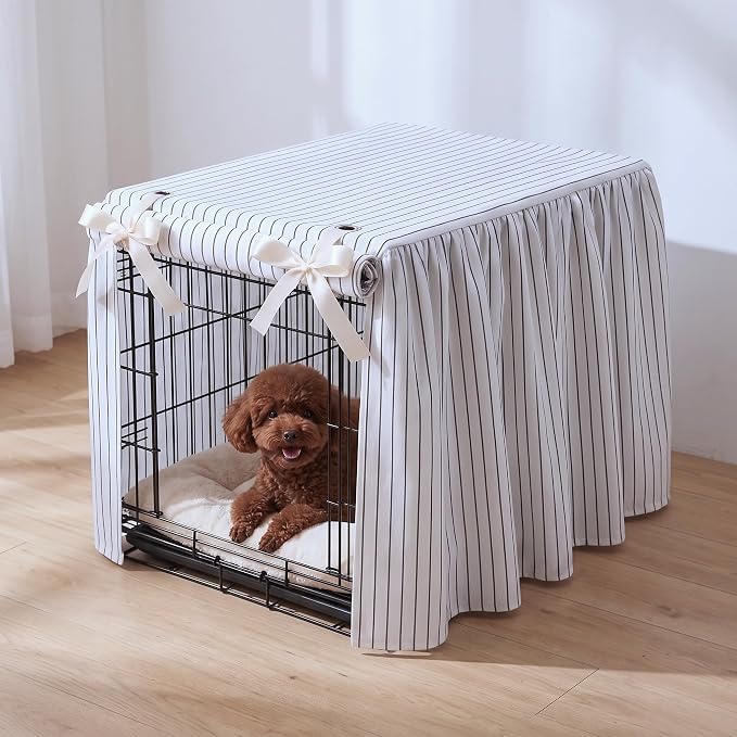 Boomkin Farmhouse Striped Dog Crate Cover 24 Inch, Rustic Cottagecore Pet Kennel Cover with Ruffled Skirt & Roll-Up Door, Elegant Fabric Decorative Dog Cage Cover for Indoor Home Decor