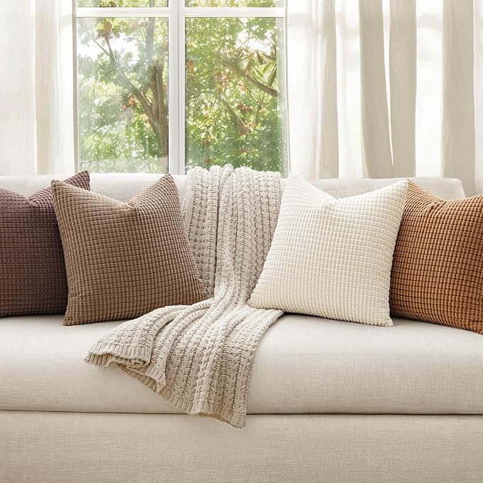 MIULEE Fall Decorative Throw Pillow Covers 18x18 Inch Set of 4 Brown | Modern Natural Rustic Throw Pillows, Warm Neutral Soft Corduroy Pillowcases, Home Decor for Sofa Living Room Bed