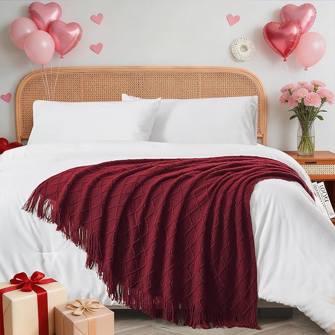 inhand Claret Knitted Throw Blanket for Couch and Bed, 60"x80" | Gifts for Mom from Daughter Son, Soft Lightweight with Tassel, Farmhouse Warm Decorative Blanket for Women, Cozy Knit