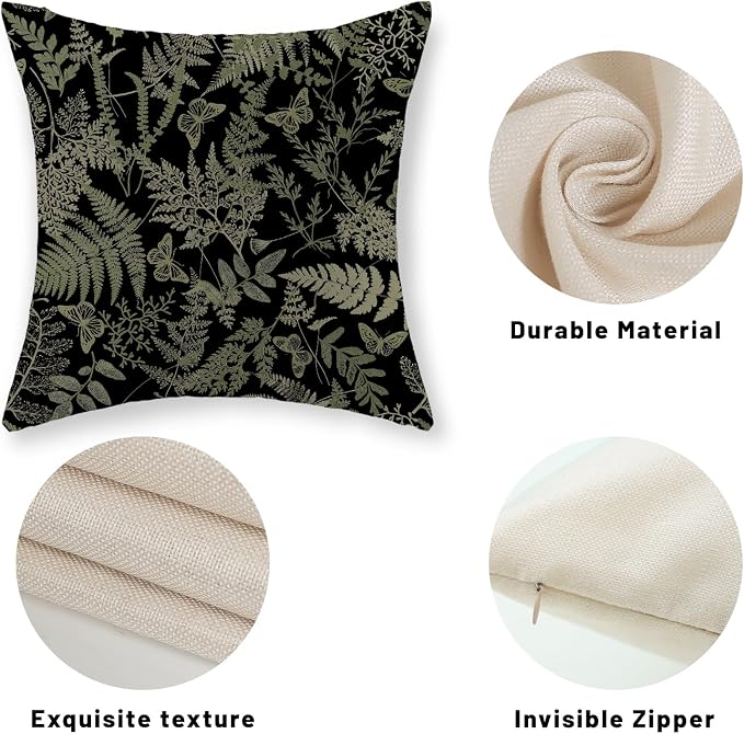Black Pillow Covers 18x18 Set of 2 Sage Green Wildflower Leaf Plant Decorative Pillowcase Tropical Fern Herbs Botanical Floral Cushion Case Decor Summer Outdoor Throw Pillows for Couch Sofa