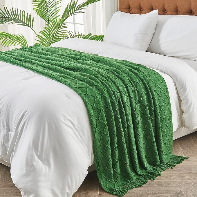 inhand Green Knitted Throw Blanket for Couch and Bed, 60"x80" | Throws for Her or Him, Soft Farmhouse Woven Blanket, Tassel, Lightweight Decorative, Cozy Knit, Warm Living Room Home Decor