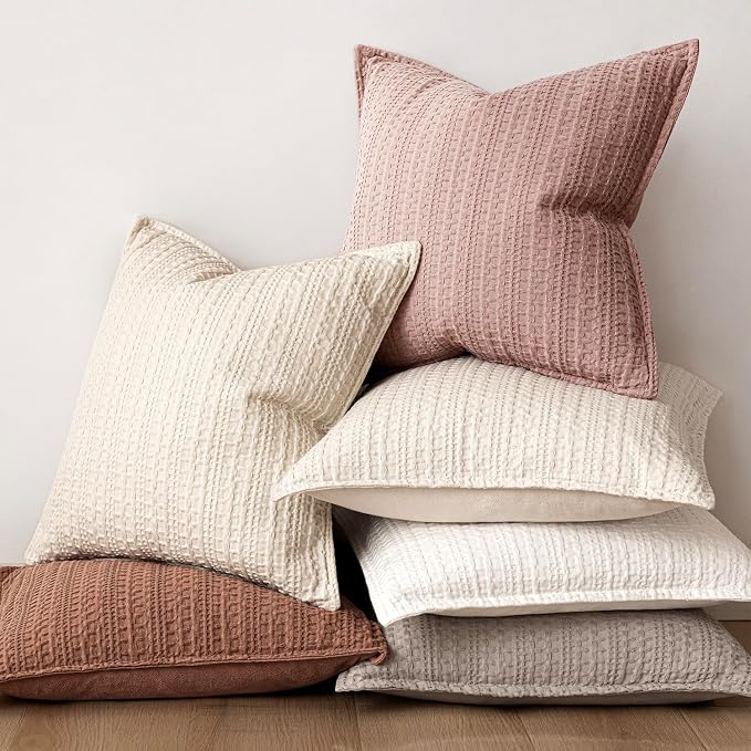 Foindtower Set of 2 Decorative Cotton Waffle Weave Throw Pillow Covers Euro Shams Cushion Covers Accent European Pillowcase for Bed Couch Sofa Bedroom Living Room Home Decor 22×22 Inch Dusty Pink