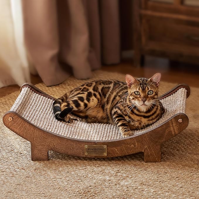 FUKUMARU Sisal Cat Scratcher Bed, Solid Wood Cat Hammock for Indoor Cats | 23.6 Inch Durable Scratching Bed, Large Cat Scratch Pad, Natural Sisal Hammock, Cat Lounger Scratcher for Sleeping (Brown)