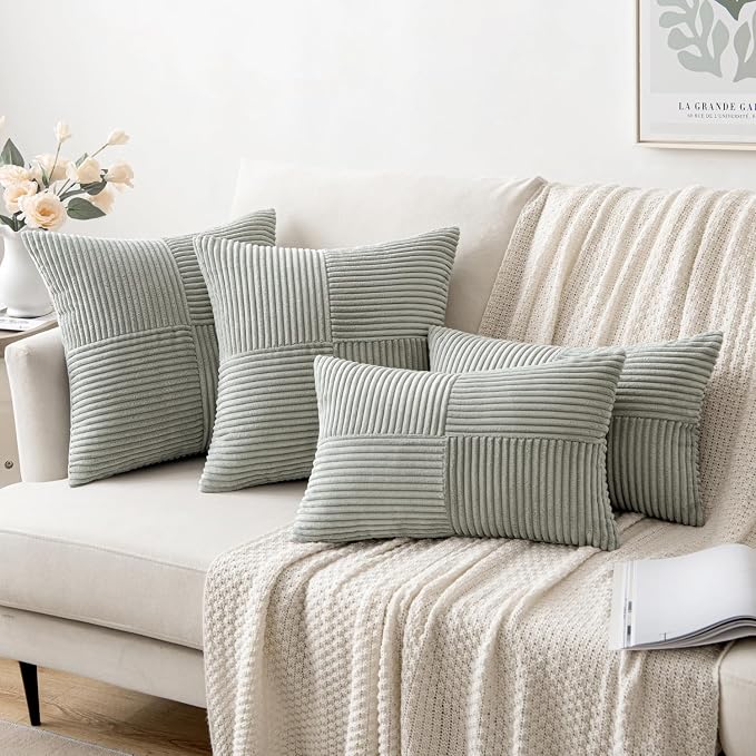 MIULEE Silver Grey Decorative Throw Pillow Covers for Couch 18x18 Inch | 2 Pack, Boho Farmhouse Pillow Covers, Soft Cross Corduroy Patchwork Textured Cushion Cases For Bed Sofa
