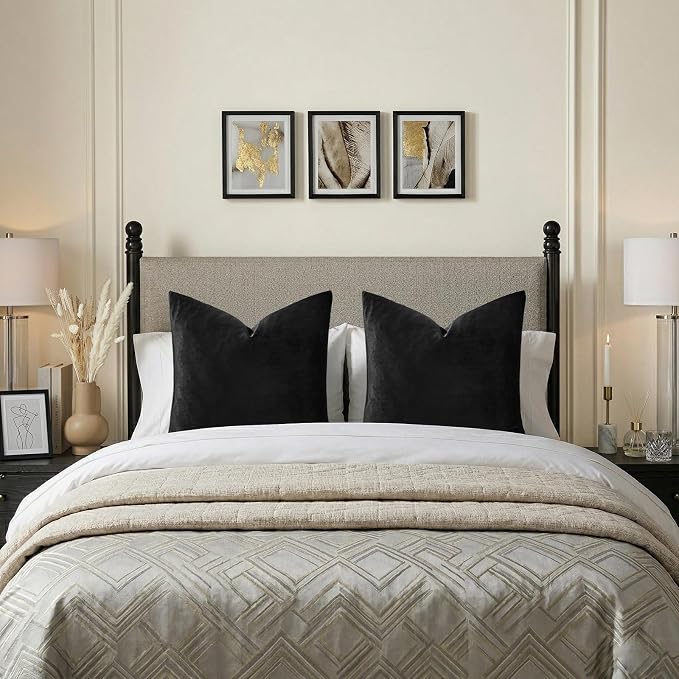 GIGIZAZA Black Velvet Pillow Covers 26x26 Decorative Pillows Pack of 2 | Throw Pillows for Couch,Euro Sham,280gsm Soft Textured Fabric,Modern Pillowcases,Luxury Cushion Covers