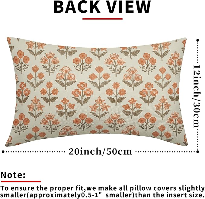 Brown Orange Floral Pillow Covers 12x20 Inch Set of 2, Block Print Lumbar Flower Cream Decorative Throw Pillowcases Outdoor Farmhouse Rectangle Cushion Covers Spring Summer Sofa Couch Bed Decor