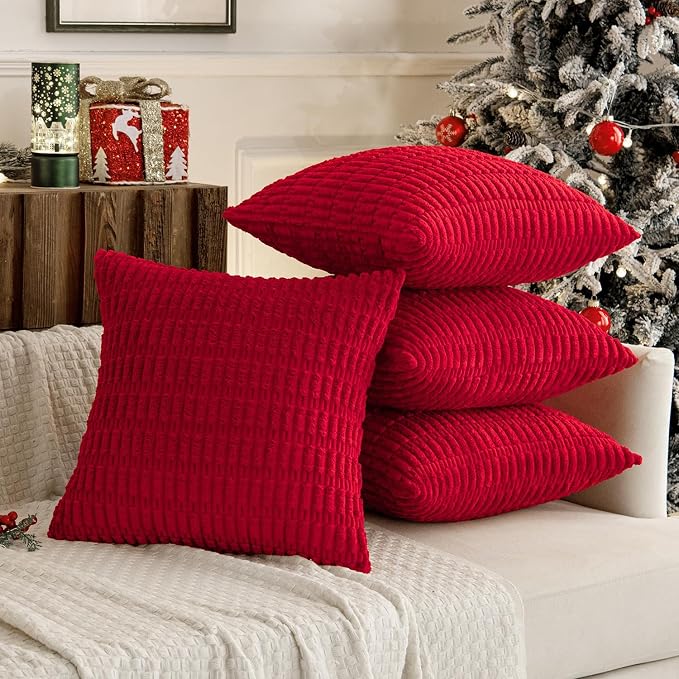 MIULEE Pack of 4 Christmas Corduroy Throw Pillow Covers 18x18 Inch Red | Neutral Rustic Farmhouse Boho Soft Striped Pillow Covers,Home Decor for Sofa,Living Room,Couch,Bed
