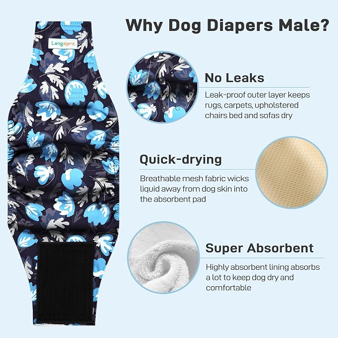 Langsprit Small Male Dog Diapers for Doggie Puppy,Reusable Belly Bands for Male Dogs Wraps,Washable Doggy Dog Diapers Medium Large in Incontinence 5 Pack (Vibrant Leaves, Large)