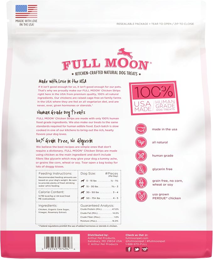 Full Moon Chicken Strips Healthy All Natural Dog Treats Human Grade Made in USA Grain Free, 1.5 Pound (Pack of 1) | Human Grade, No corn, No wheat, No soy, Glycerin Free, Made in the USA