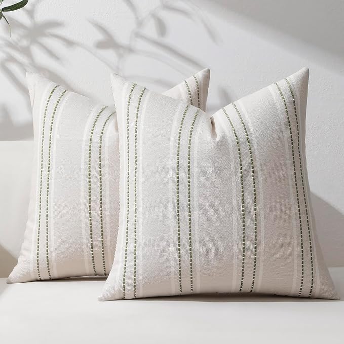 Hckot Spring Decorative Pillow Covers 18x18 Striped Throw Pillows Textured Linen Green Pillow Covers Farmhouse Decor Cushion Covers for Couch Bed Living Room,Sage Green