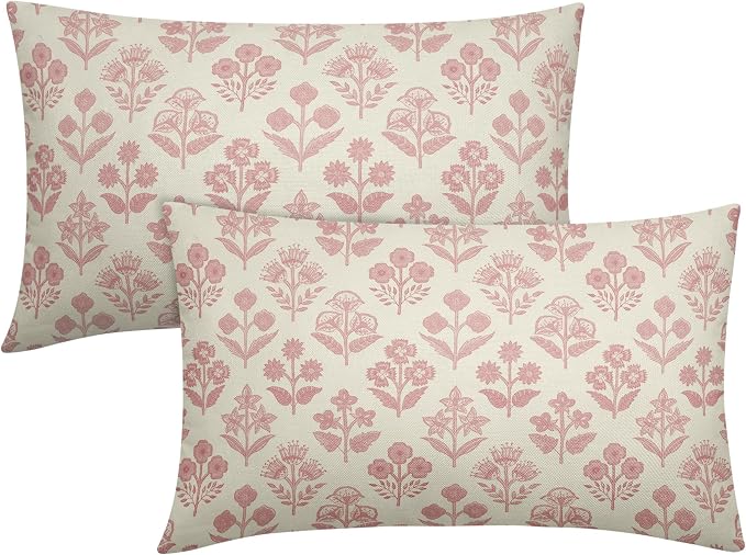 Pink Floral Pillow Covers 12x20 Inch Set of 2, Block Print Lumbar Flower Cream Decorative Throw Pillowcases Outdoor Farmhouse Rectangle Cushion Covers Spring Summer Sofa Couch Bed Decor