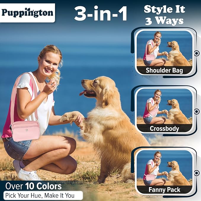 Puppington 3-in-1 Crossbody Dog Walking Bag & Treat Pouch with Matching Planet Safe Poop Bags & Built-In Dispenser - Zippered Pockets (Blush Pink)