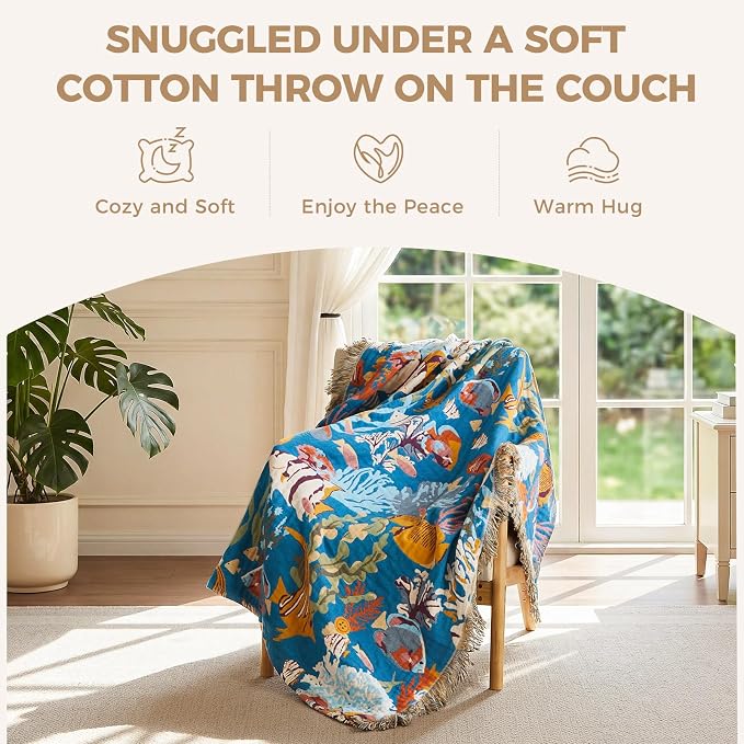 LUTBM Boho Throw Blanket for Couch 50"x60", Cotton Decorative Bed Throw | Underwater Ocean Life Jacquard, All-Season Muslin Blankets, For Chair Sofa Living Room Decor, Lightweight & Breathable Gauze