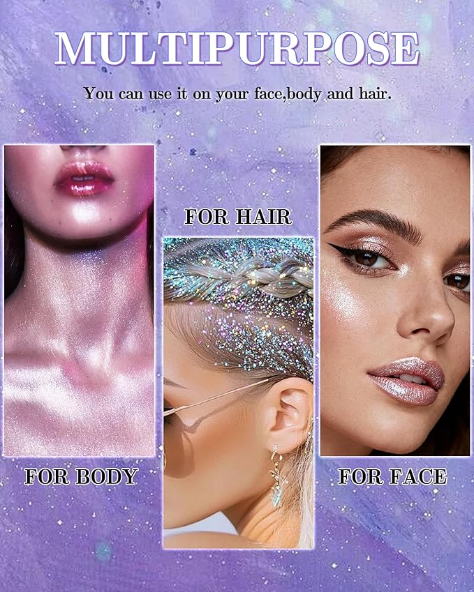 Roll-on face Body Glitter Gel, Holographic Sparkling Blue Long Lasting Body Glitter Gel for Face Hair, Mermaid Makeup Chameleon Shimmer Sequins, Christmas Festival Party Rave Accessories for Women-01