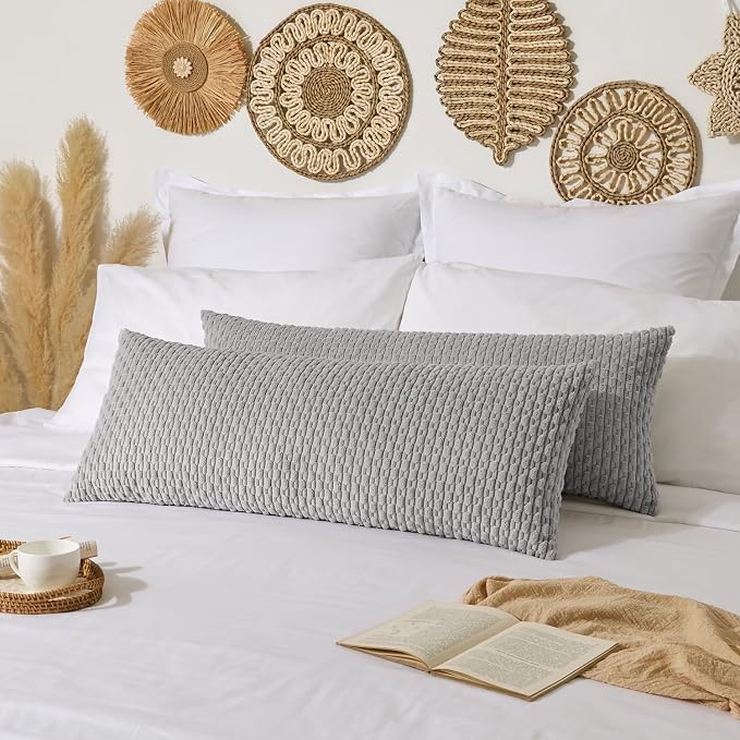 Kevin Textile Soft Corduroy 20"x54" Body Pillow Cover 1 Pack, Light Grey | Boho Stripe Plush Corduroy Decorative Oblong Cushion Cover Modern Farmhouse Home Decor for Sofa Couch Bed Chair