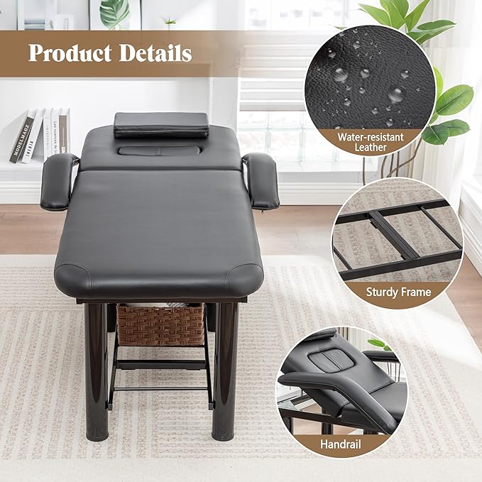 Professional Massage Bed Stationary Adjustable Massage Table Spa Bed 73" x27.5” Physical Therapy Table with Memory Foam Salon Bed w/Removable Headrest (Black with Armrest)