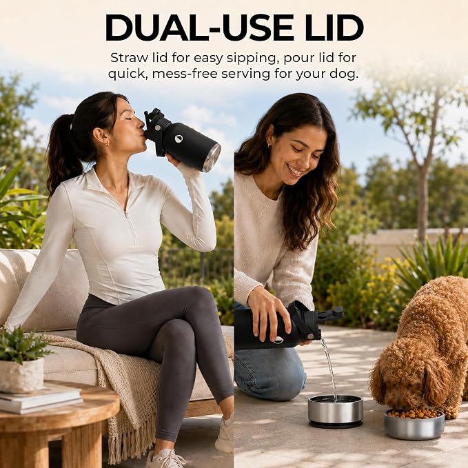32 oz. Dog Water Bottle, Insulated Dog Travel Water Bottle, Stainless Steel Pet Water Bottle Dispenser, Portable Food and Water Bowl for Dogs for Walking Dog Canteen Travel Kit