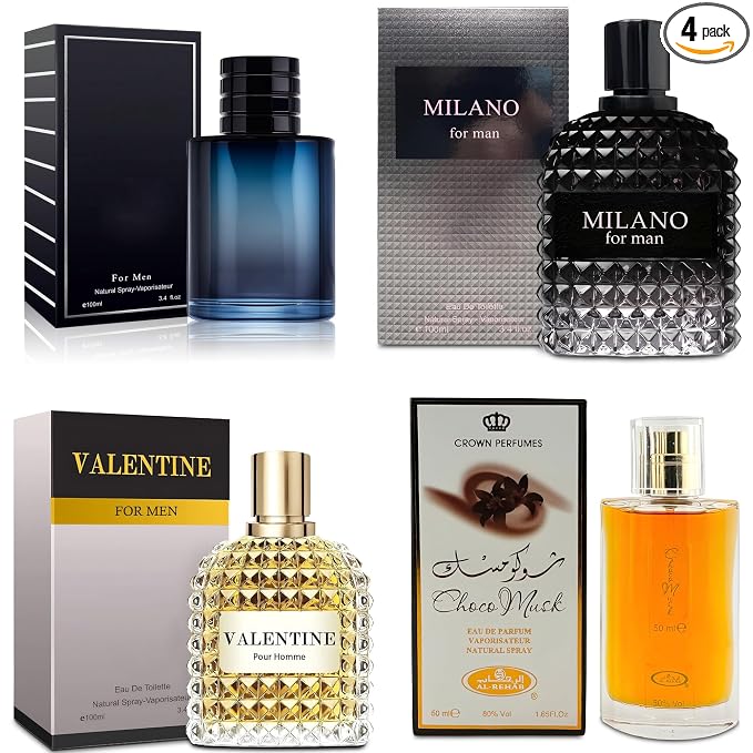 AFLUXE 4-Piece Cologne for Men Includes Choco Musk/SE/Valentine/Milano Scent of Woody, Spicy, Citrus & Aromatic eau de parfum Men Gift Set Each 100Ml for Daily Use