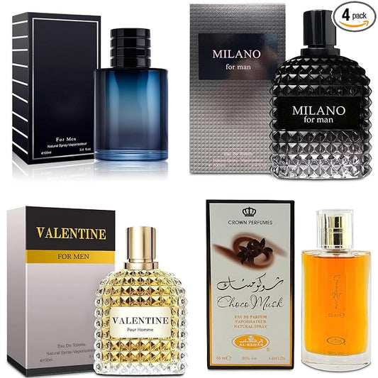 AFLUXE 4-Piece Cologne for Men Includes Choco Musk/SE/Valentine/Milano Scent of Woody, Spicy, Citrus & Aromatic eau de parfum Men Gift Set Each 100Ml for Daily Use