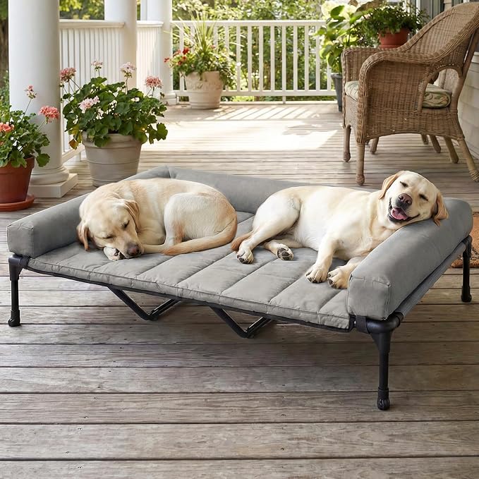 Veehoo Outdoor Elevated Dog Bed with Waterproof Bolster Cushion, Cooling | Raised Dog Bed with Removable & Washable Mat Topper, Breathable Mesh, Dog Couch Cot for Indoor Outdoor, 59", Large, Grey