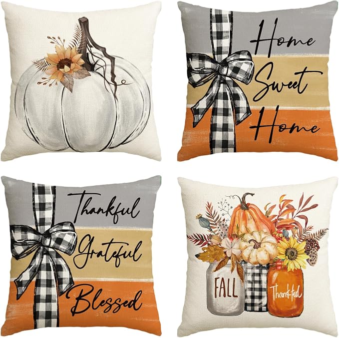 AVOIN colorlife Fall White Pumpkin Vase 18x18 Inch Pillow Covers Set of 4 | Home Sweet Home Autumn Thankful Grateful Blessed Harvest Floral Seasonal Harvest Decoration Sofa Couch Farmhouse Decor