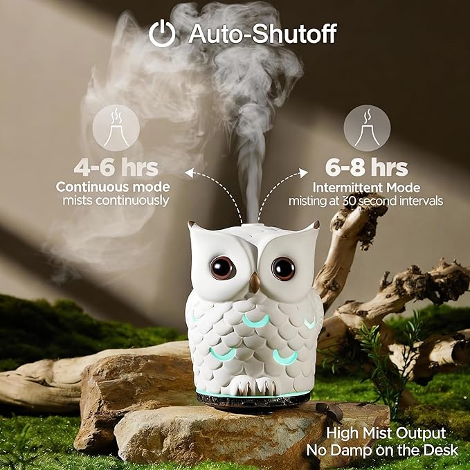 Alieye Ceramic Essential Oil Diffuser, 200ML Handcrafted Ceramic Owl Ultrasonic Cool Mist Aromatherapy Humidifier with 7 Colors LED Waterless Auto Shut Off for Home Office Yoga, Gifts for Mom, White