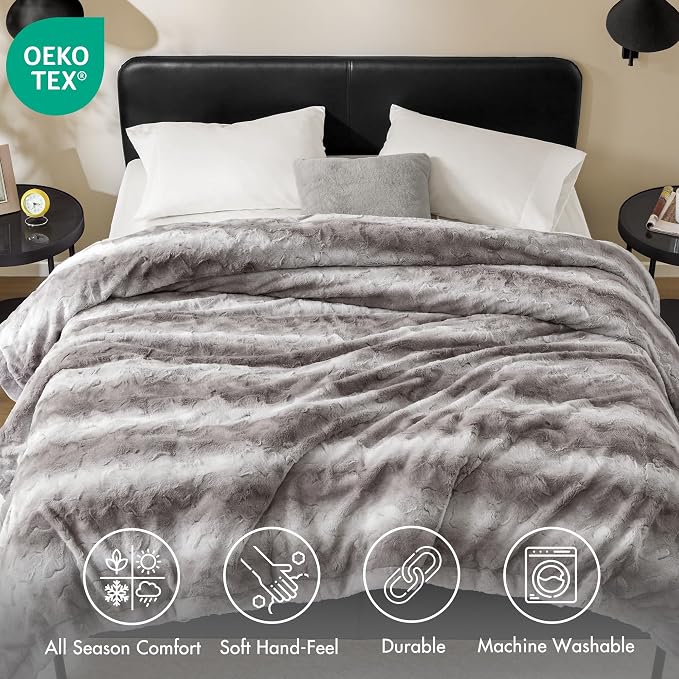 Madison Park Zuri Ultra Soft Faux Fur Twin Blanket Reversible, Grey | Ultra Soft, Breathable Fabric for Bed or Couch, Lightweight, Plush, OEKO-TEX Certified