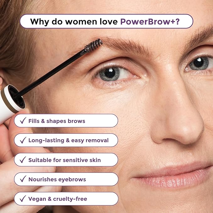 Rumi Cosmetiques PowerBrow+ Tinted Eyebrow Gel For Mature Women - Defines, Fills, Thickens Brows - 2-in-1 Formula - Natural Color, Quick Fixing, Long-Lasting - Hypoallergenic
