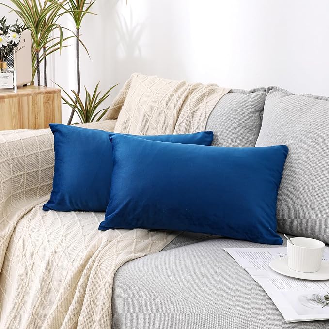 NiNi ALL Blue Velvet Throw Pillow Covers 12x20 Pack of 2 Decorative Couch | Soft Solid Boho Cushion Squar Pillow Cases for Chair Sofa Bedroom Farmhouse Living room Modern Luxury Home Decor Christmas